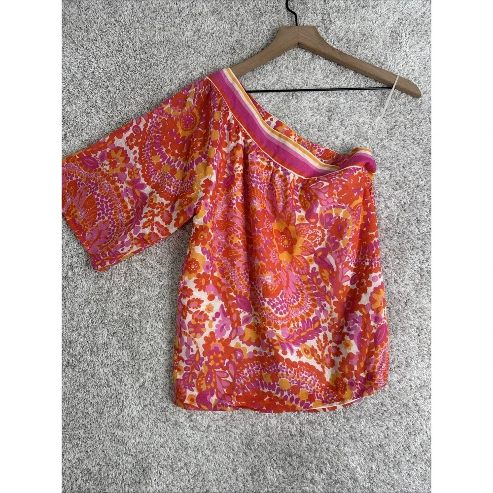Trina Turk Women's Peony Floral Print Linen‎ Blend One Shoulder Top XS